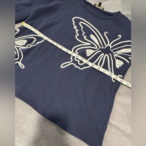 Navy Butterfly Fleece Bell Puff Sleeve Sweatshirt DG2 by Diane Gilman. Crew. Sm - Picture 2 of 16